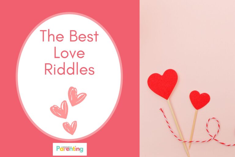 red heart paper on stick on half the image with red background on the left with a white oval with pink border with a image of pink hearts and red writing " the best love riddles"