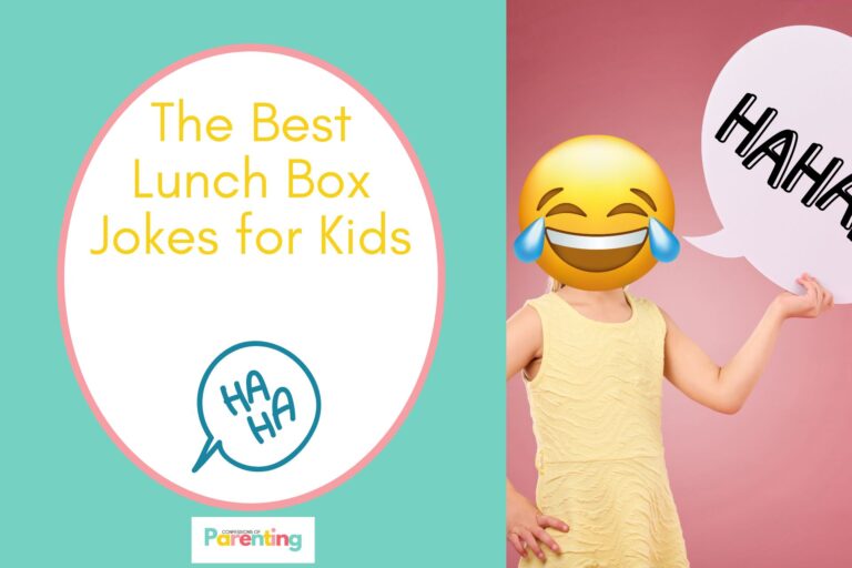 a girl covered with emoji her face holding a bubble speech on half the image with a teal background on the left with a white oval with pink border with a image of a speech bubble "HAHA" and yellow writing "the best lunch box jokes for kids"