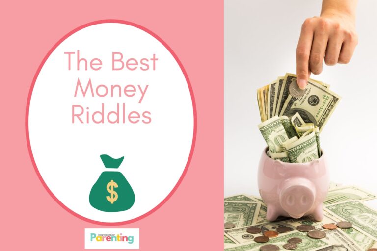 a hand putting a coin on a piggy bank on half the image with a pink background on the left with a white oval with red border with a image of green money bag and pink writing "the best money riddles"