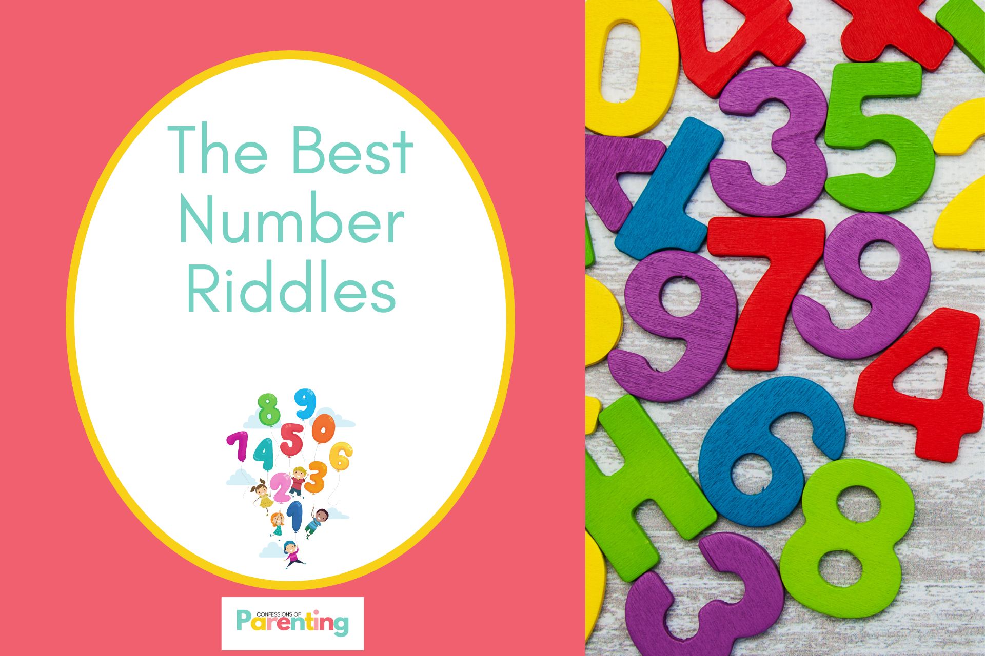 colorful wooden number on half the image with red background on the left with a white oval with yellow border with a image of kids balloon numbers flying and teal writing " the best number riddles"