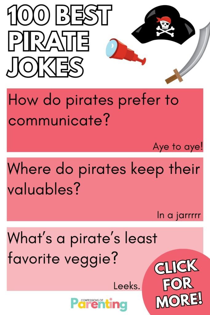 white writing "100 best pirate jokes" with 3 red squares with a best pirate jokes and answer in each square. 
