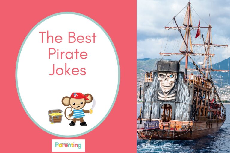 a pirate ship sailing in sea on half the image with a red background on the left with a white oval with light teal border with a image of a gold chest and a pirate monkey holding a sword and red writing "the best pirate jokes"