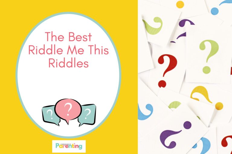 different color of question mark in a paper on half the image with yellow background on the left with a white oval with teal border with a image of speech bubbles with question mark and red writing " the best riddle me this riddles"