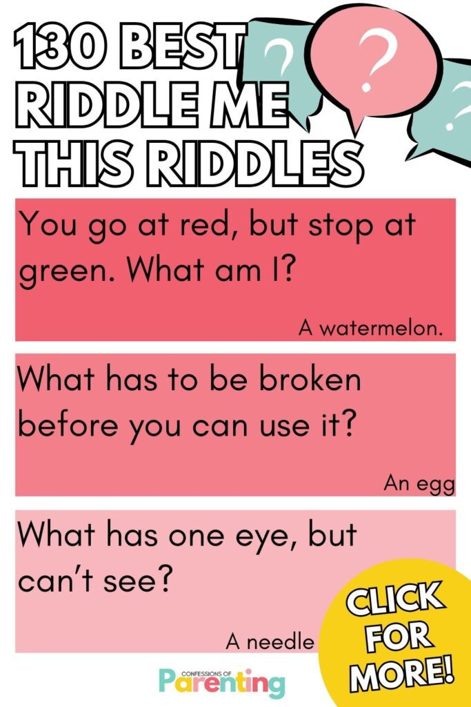 white writing "130 best riddle me this riddles" with 3 red squares with a best riddle me this riddles and answer in each square. 
