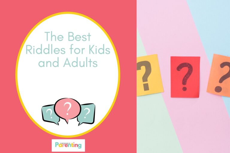 quesstion mark in different colors on half the image with red background on the left with a white oval with yellow border with a image of speech bubbles with question mark and red writing " the best riddles for kids and adults"