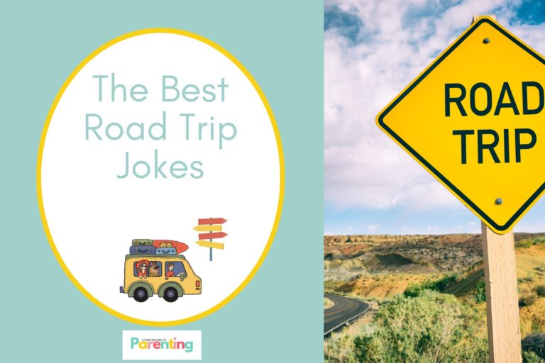 road trip sign on half the image with a teal background on the left with a white oval with yellow border with a image of a road trip car and road sign and teal writing "the best road trip jokes"