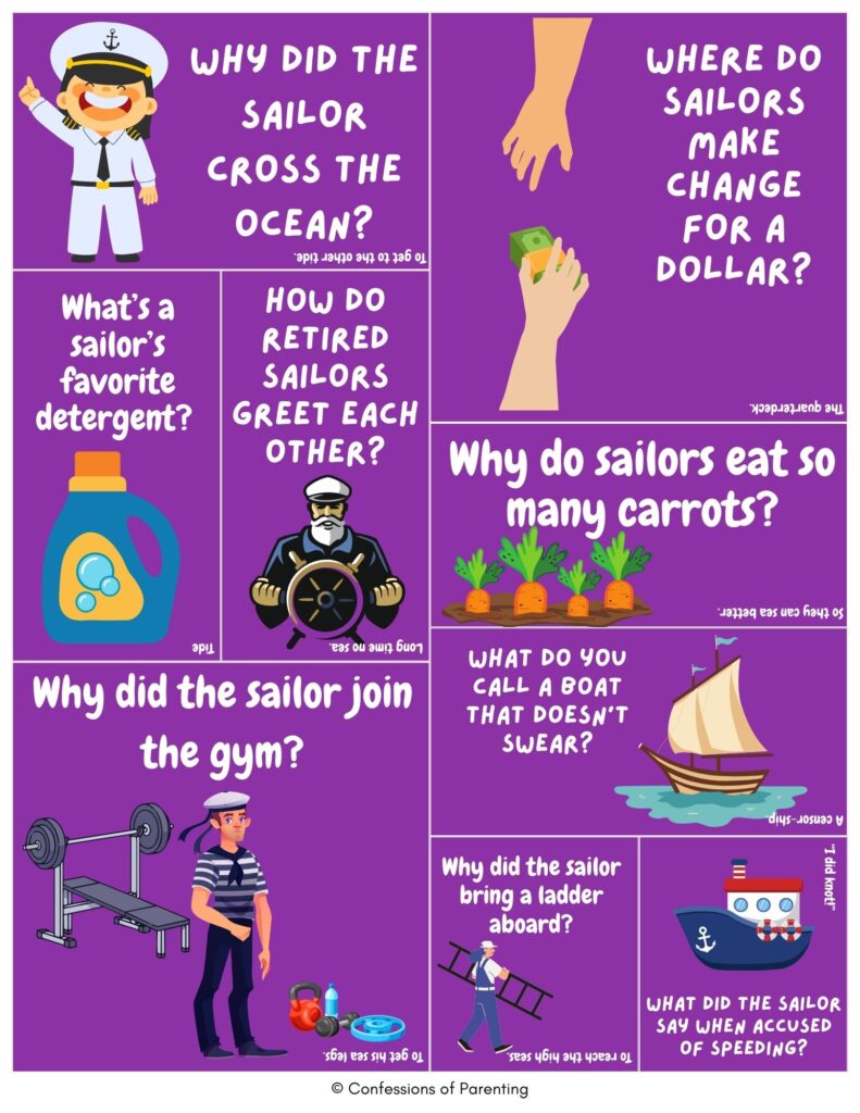 Cartoon sailor jokes collage with sailor, ship, carrots, and gym showing funny sailor puns and ocean humor on purple background image