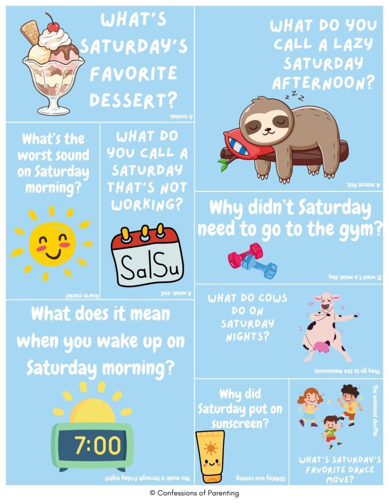 Cartoon Saturday jokes collage with sloth, sun calendar, and kids showing funny Saturday puns and weekend humor on blue background printable