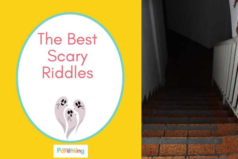 a scary dark stairs on half the image with a yellow background on the left with a white oval with teal border with a image of three ghost and red writing " the best scary riddles"