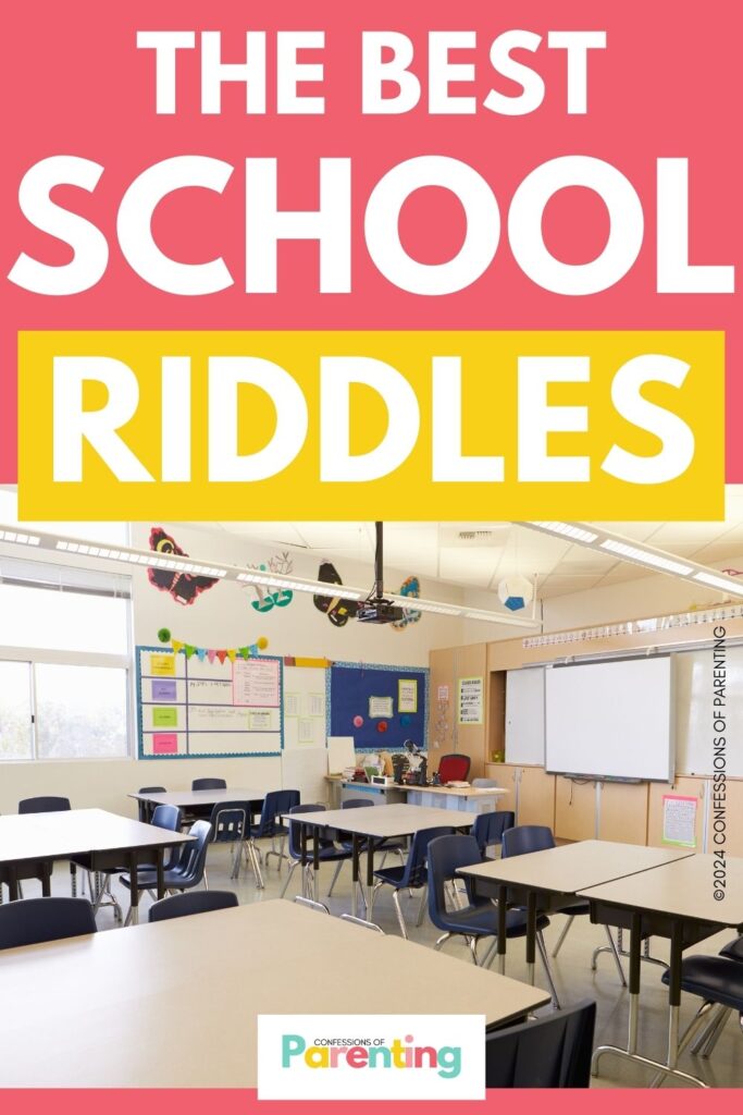 white text saying the best school riddles in red background with an image of empty school classroom
