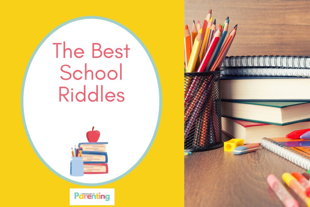 school supplies on half the image with a yellow background on the left with a white oval with teal border with a image of books, apple and pencils and red writing "the best school riddles"