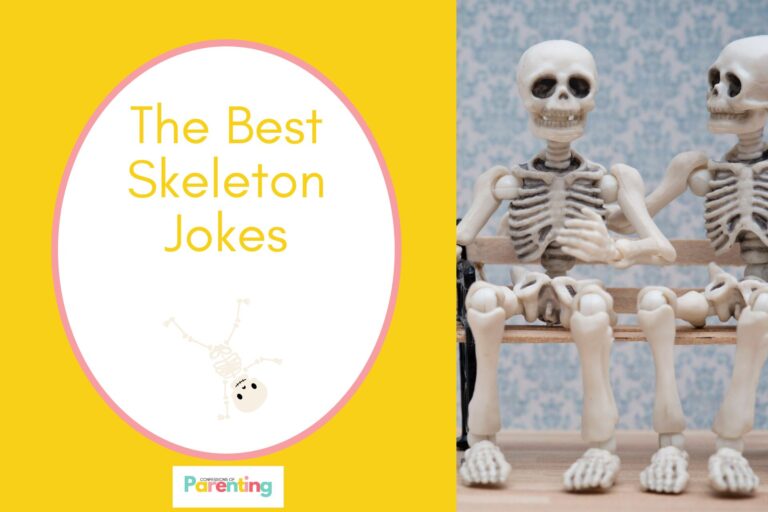 two skeleton chatting on half the image with a yellow background on the left with a white oval with pink border with a image of a halloween skeleton and yellow writing "the best skeleton jokes"