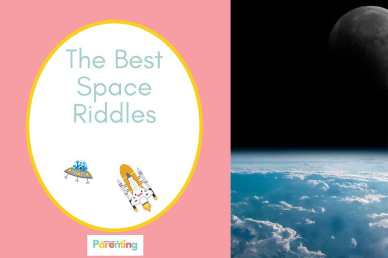 top view of space and earth on half the image with pink background on the left with a white oval with yellow border with a image of an allien and space rocket and teal writing " the best space riddles"