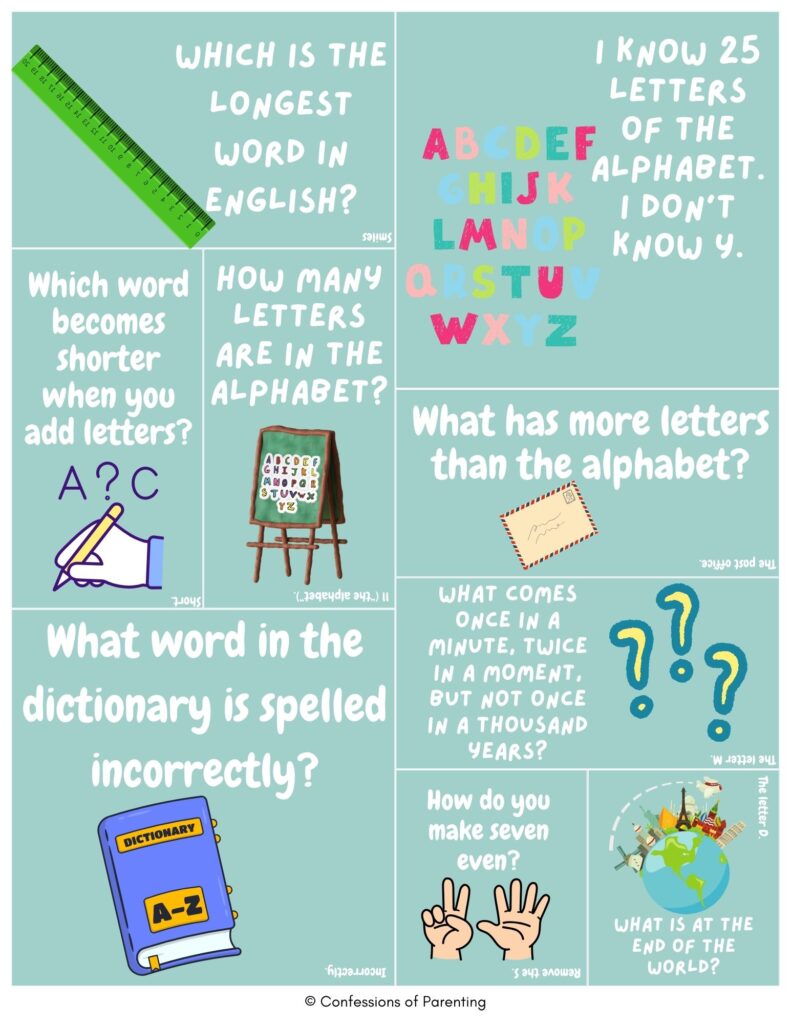 Cartoon spelling jokes collage with alphabet letters, dictionary, ruler, and envelope showing funny spelling puns and word humor on teal background