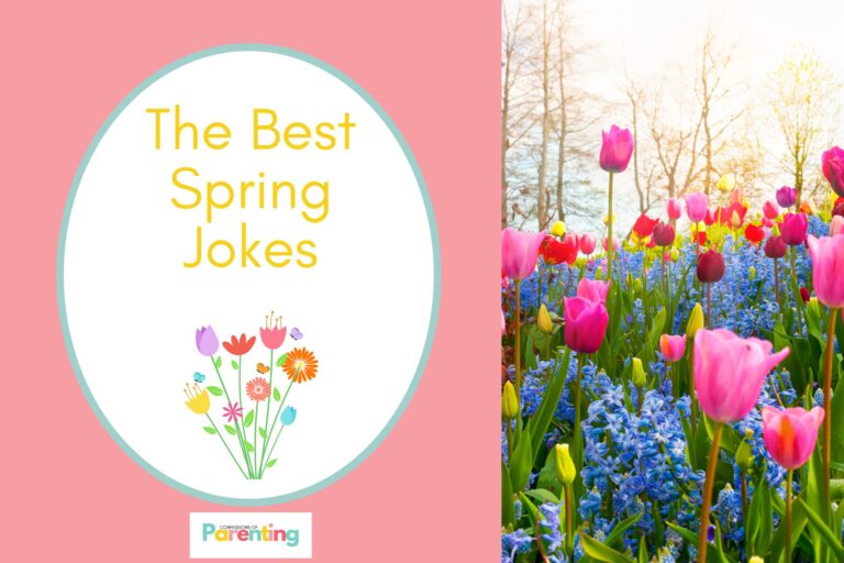 spring flowers in garden on half the image with a pink background on the left with a white oval with teal border with a image of colorful flowers and yellow writing "the best spring jokes"