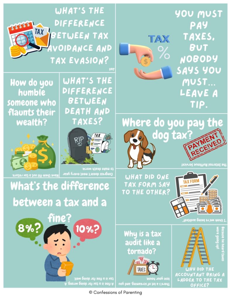 Cartoon tax jokes collage with tax forms, money, dog, and calculator showing funny tax puns and accountant humor on green background image