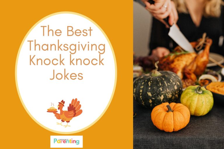 woman preparing thanksgiving dinner on half the image with a orange background on the left with a white oval with yellow border with a image of a turkey holding a hot pie and orange writing "the best thanksgiving knock knock jokes"