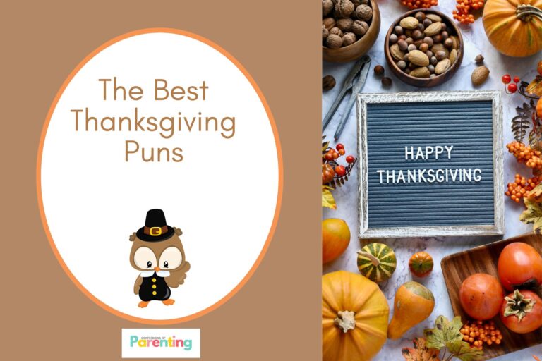 happy thanksgiving banner on half the image with brown background on the left with a white oval with orange border with a image of owl pilgrim and brown writing " the best thanksgiving puns"