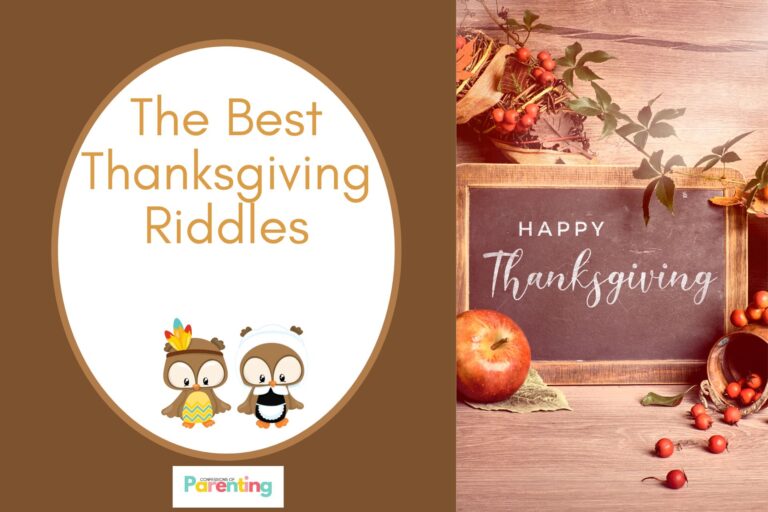 happy thanksgiving written in a brown board on half the image with dark brown background on the left with a white oval with brown border with a image of two thanksgiving owls and brown writing " the best thanksgiving riddles"