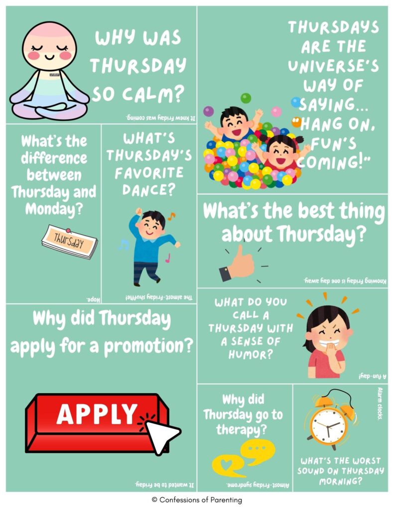 Cartoon Thursday jokes collage with kids, alarm clock, and apply button showing funny Thursday puns and weekday humor on green background image