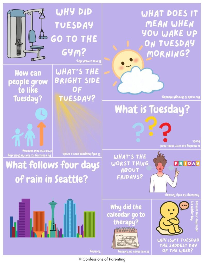 Cartoon Tuesday jokes collage with sun, calendar, gym machine, and Seattle skyline showing funny Tuesday puns and weekday humor on purple background