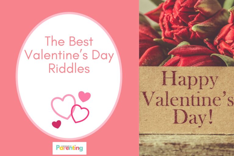 red flowers and a note on half the image with pink background on the left with a white oval with pink border with a image of red and pink hearts and pink writing " the best valentine's day riddles"
