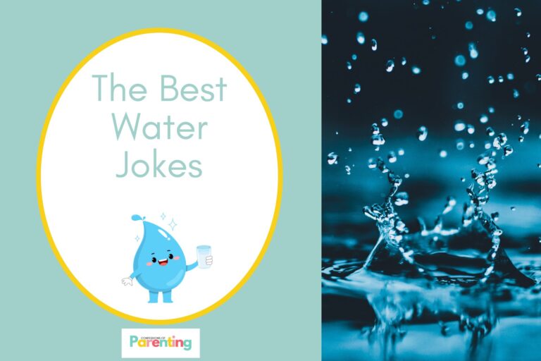 a shallow focus photography oof water splash on half the image with a light turquoise background on the left with a white oval with yellow border with a image of a water drop holding a glass of water and light turquoise writing "the best water jokes"