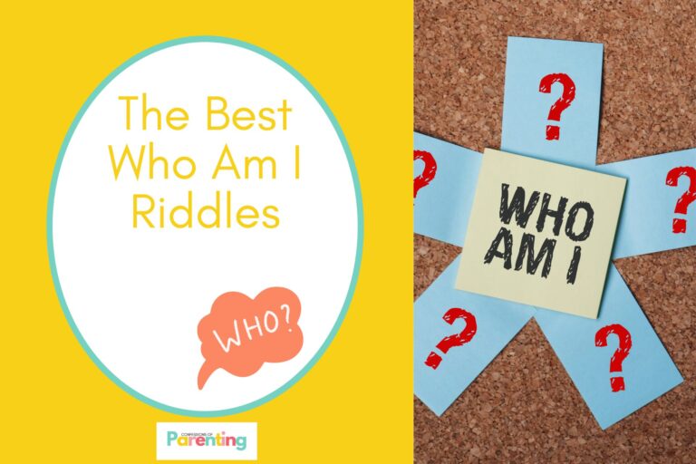 "WHO AM I" on a sticky notes on half the image with a yellow background on the left with a white oval with teal border with a image of a bubble speech "WHO?" and yellow writing " the best who am i riddles"