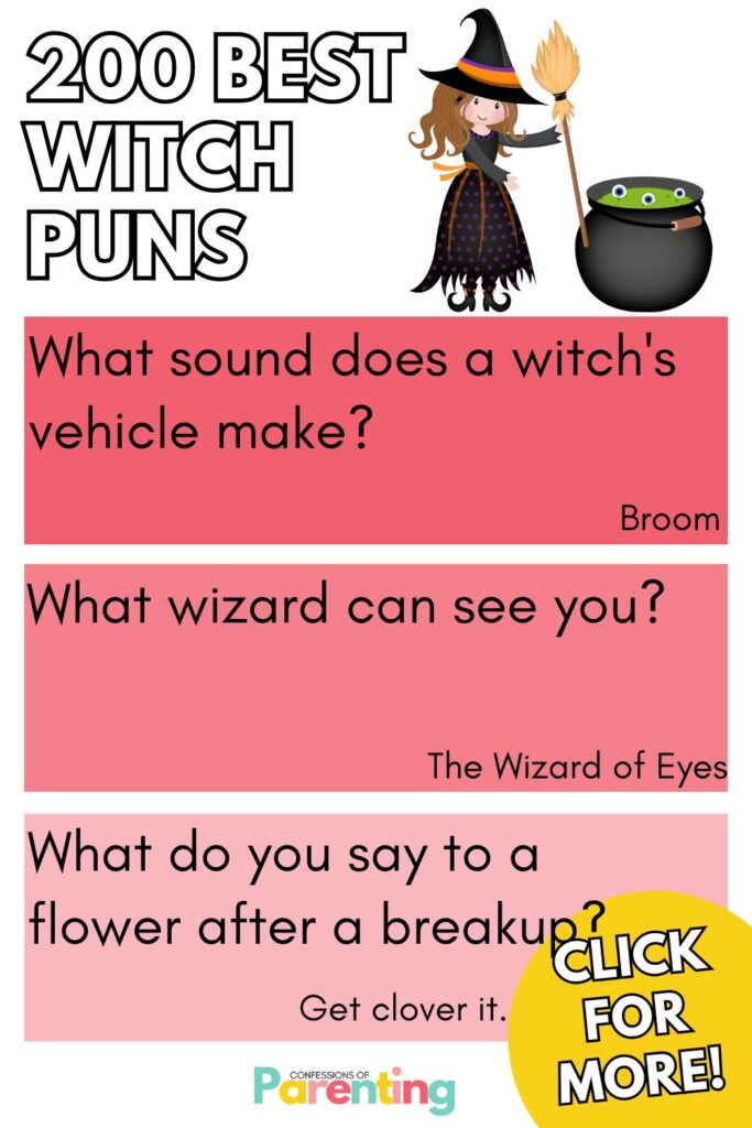 white writing "200 best witch puns" with 3 red squares with a best witch puns and answer in each square. 
