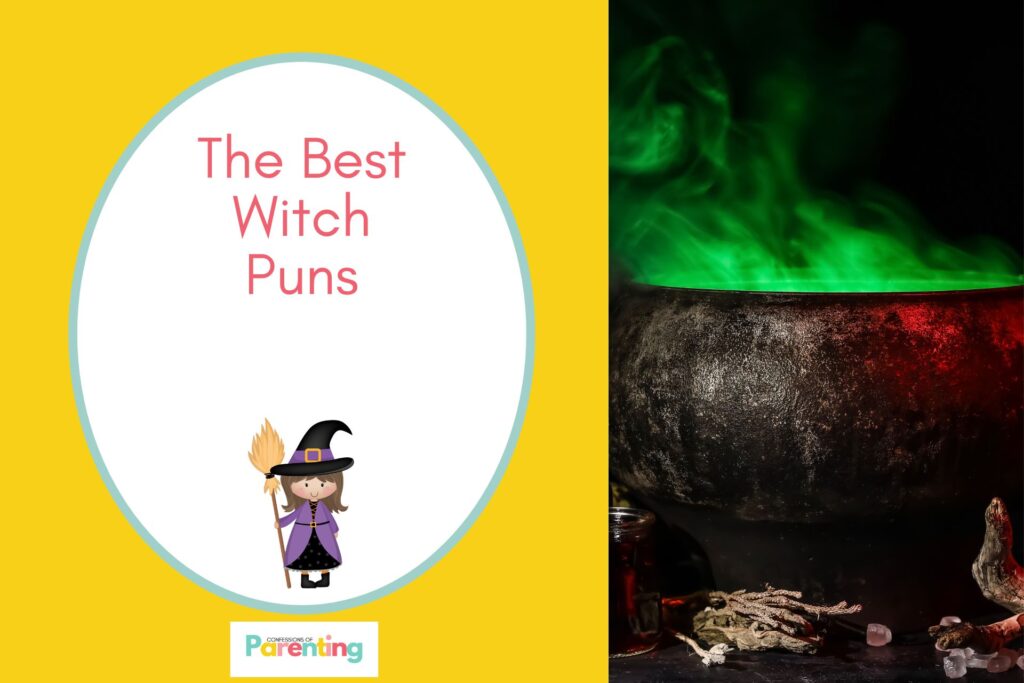 brewing in couldron on half the image with yellow background on the left with a white oval with teal border with a image of a cute witch and red writing " the best witch puns"
