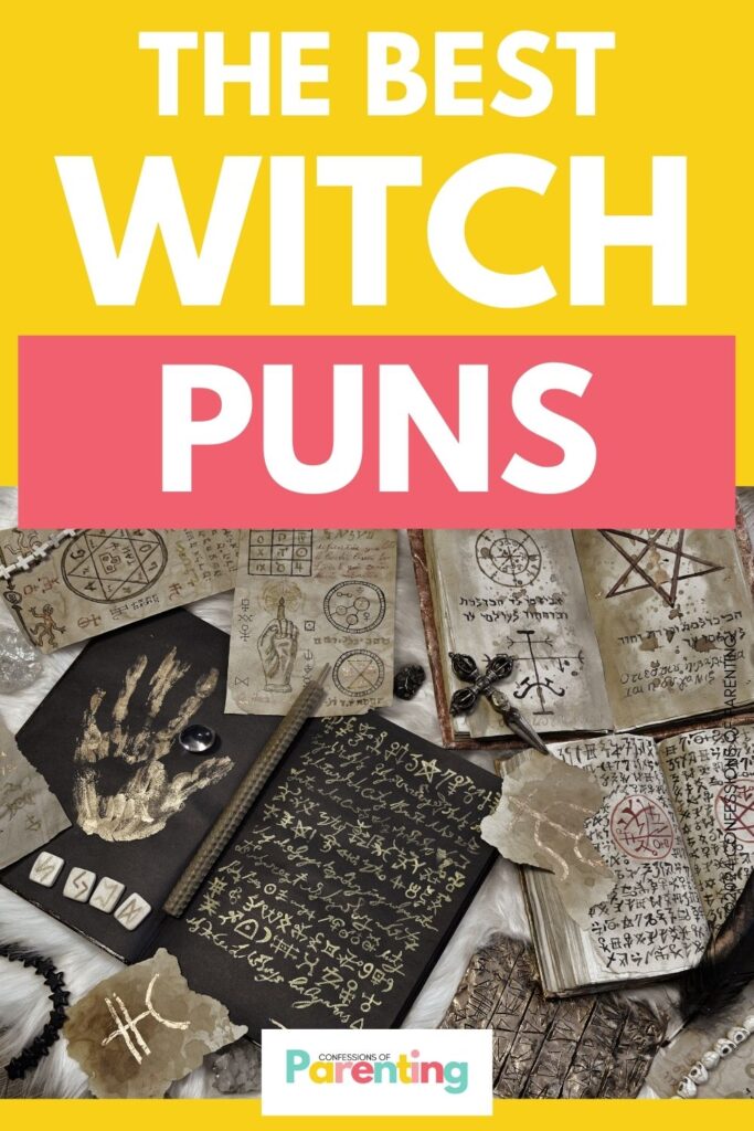 white text saying the best witch puns in yellow background with an image of  witch spells
