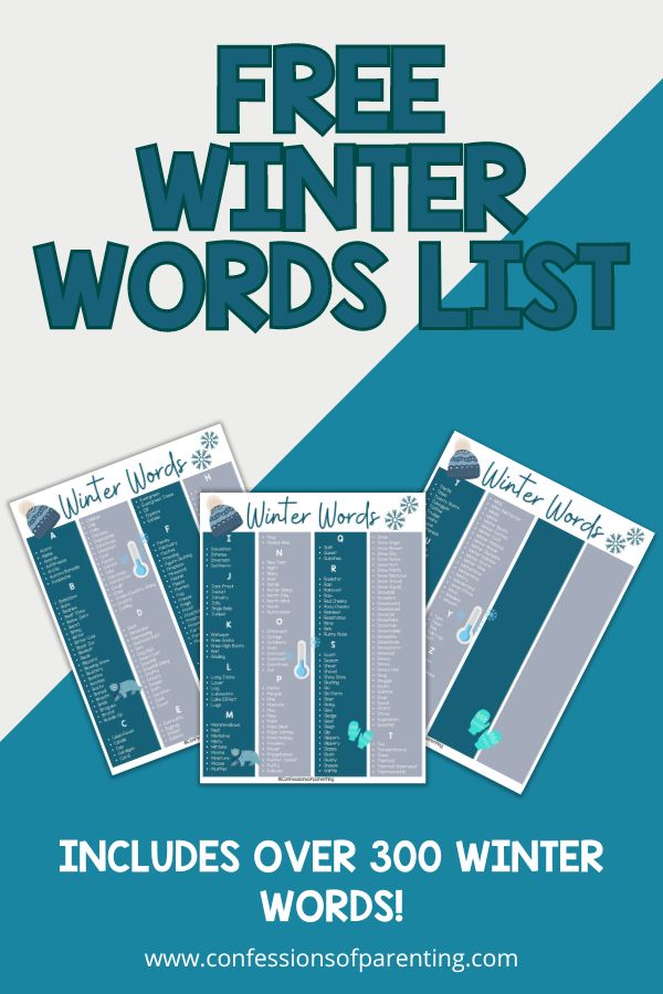 A grey and blue background with blue lettering saying "free winter words list" under the lettering are pictures of the word lists. Under the pictures is more lettering that says "Includes over 300 winter words!" 