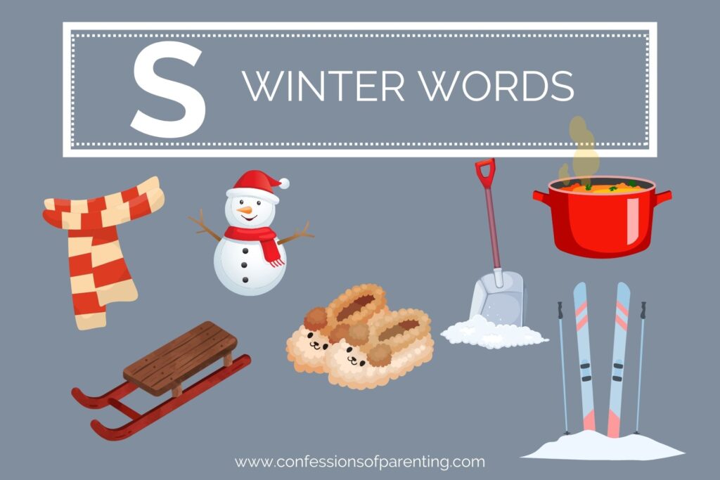 A grey background with white lettering that says "S winter words" underneath it are 7 graphics of winter words.