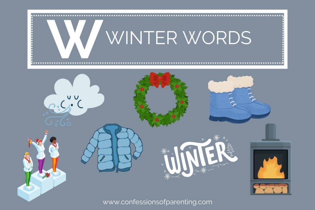 A grey background with white lettering that says "W winter words" underneath it are 7 graphics of winter words.