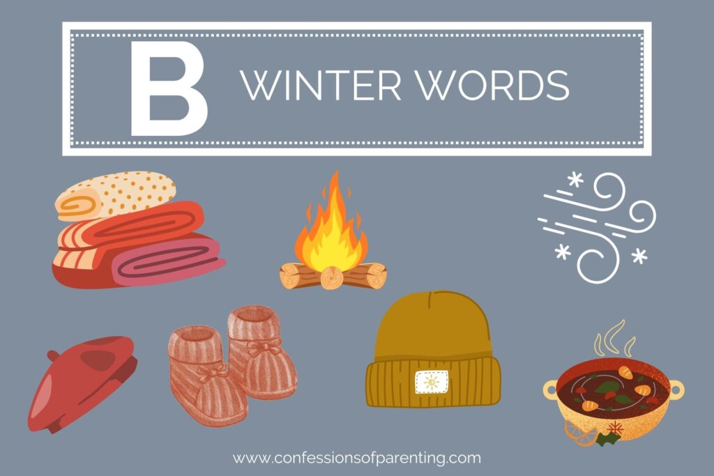 A grey background with white lettering that says "B winter words" underneath it are 7 graphics of winter words.