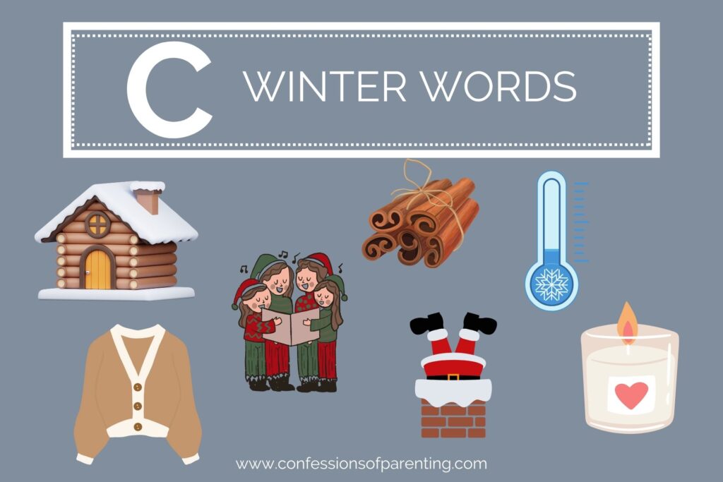 A grey background with white lettering that says "C winter words" underneath it are 7 graphics of winter words.