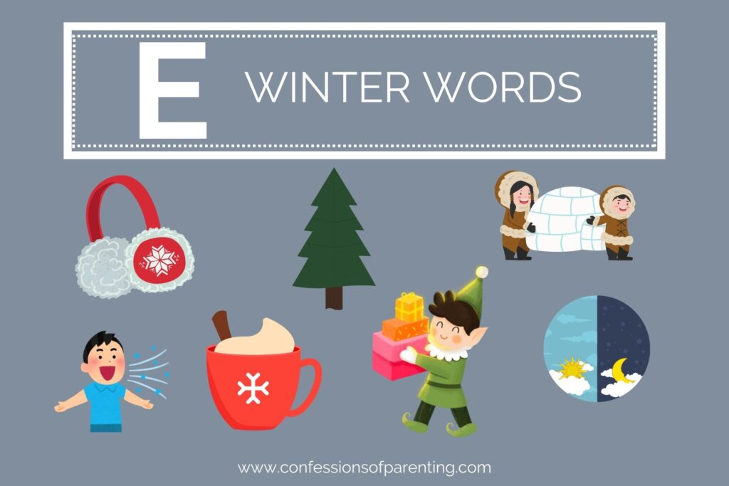 A grey background with white lettering that says "E winter words" underneath it are 7 graphics of winter words.