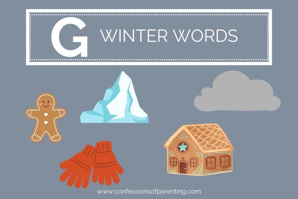 A grey background with white lettering that says "G winter words" underneath it are 7 graphics of winter words.