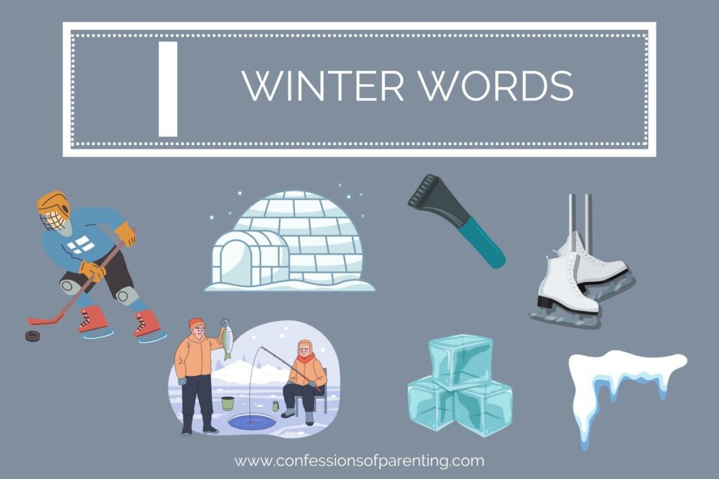 A grey background with white lettering that says "I winter words" underneath it are 7 graphics of winter words.