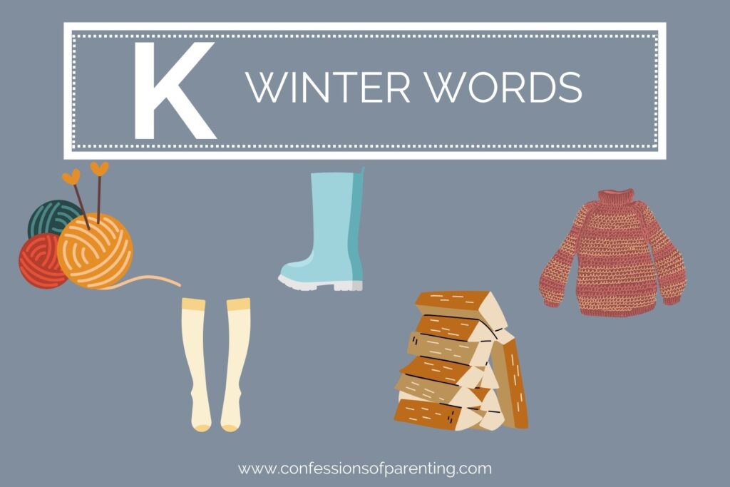 A grey background with white lettering that says "K winter words" underneath it are 7 graphics of winter words.