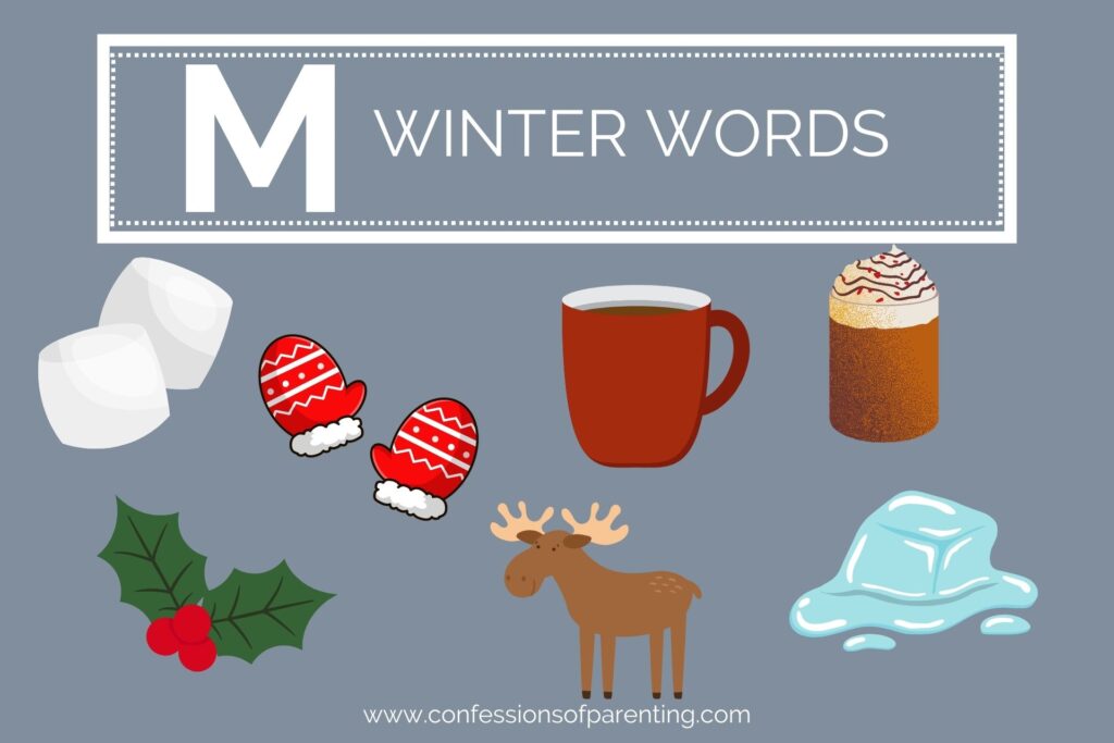 A grey background with white lettering that says "M winter words" underneath it are 7 graphics of winter words.