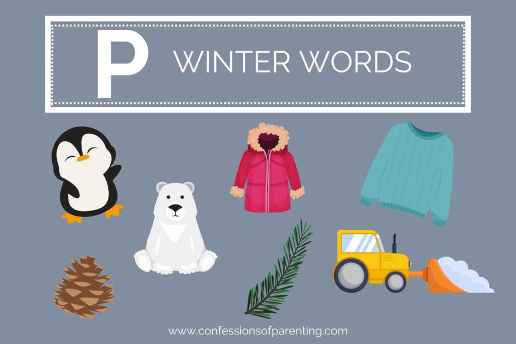 A grey background with white lettering that says "P winter words" underneath it are 7 graphics of winter words.