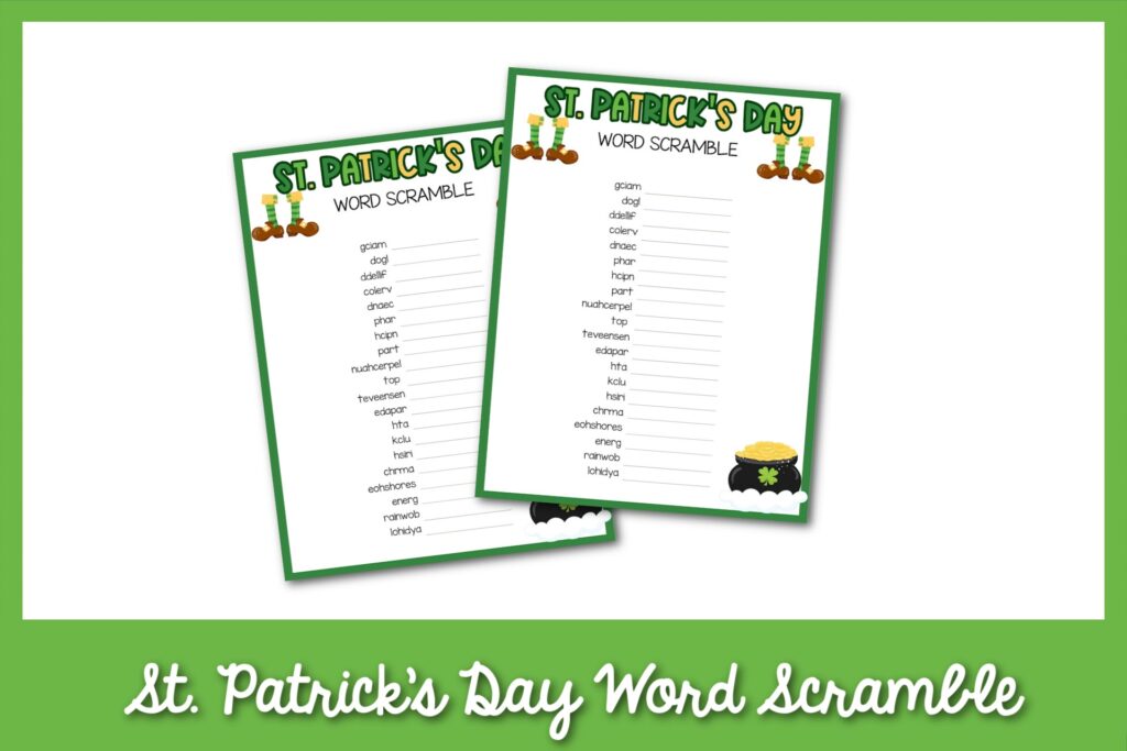 Free St. Patrick’s Day word scramble worksheet for kids with holiday vocabulary