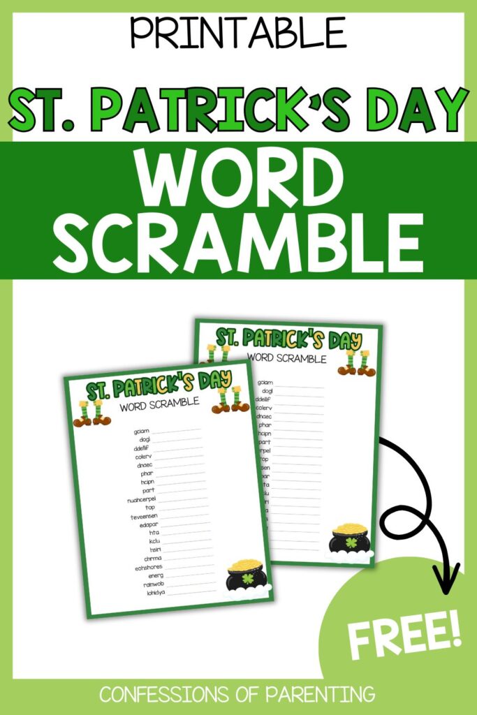 Printable St. Patrick’s Day word scramble activity for classrooms and family fun