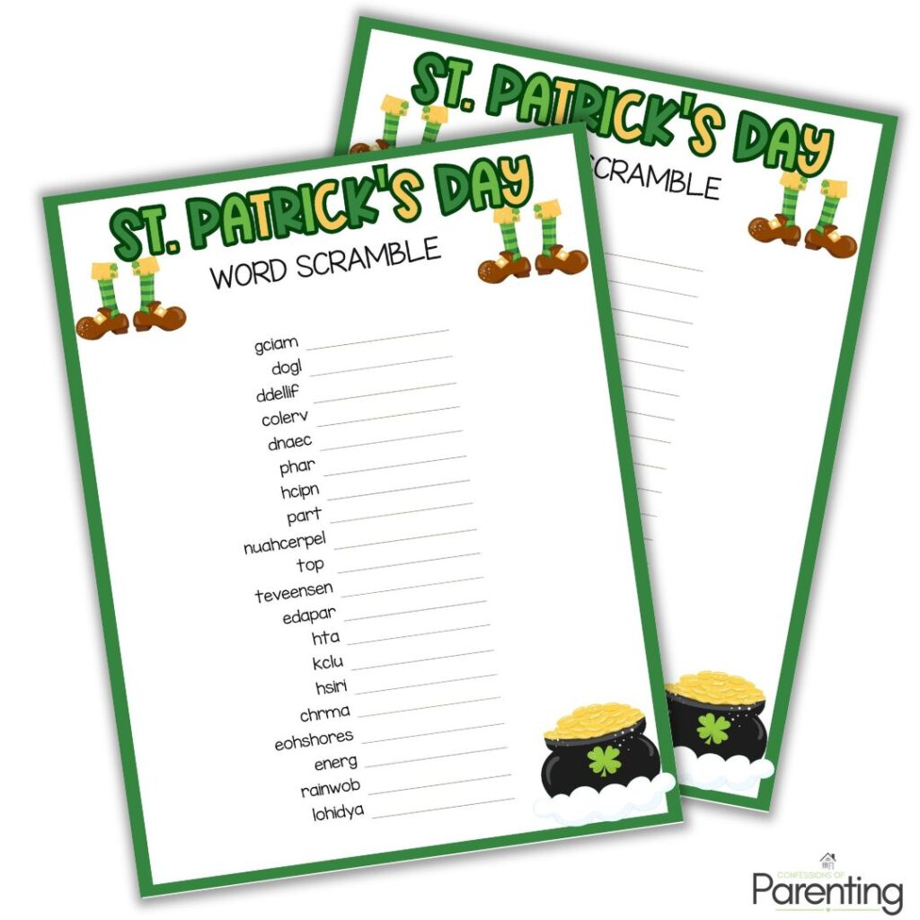 St. Patrick’s Day word scramble printable with Irish-themed words and leprechaun boots