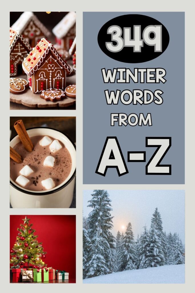 a grey background on the left side are three winter images. On the right is a grey rectangle with the lettering "1052 summer words from A-Z" then underneath that is one more winter photo. 