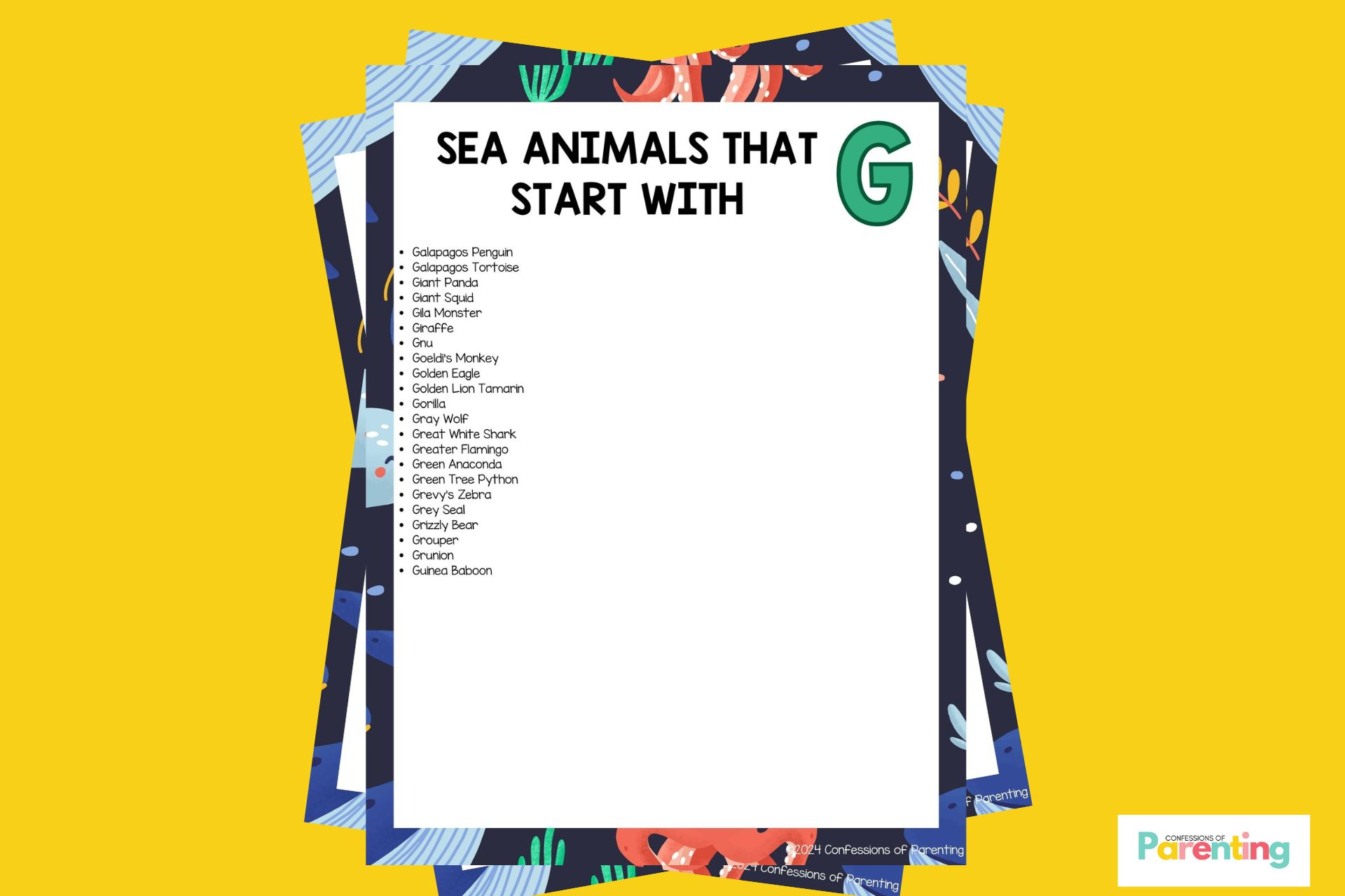 feature image of Sea Animals That Start With G in yellow background