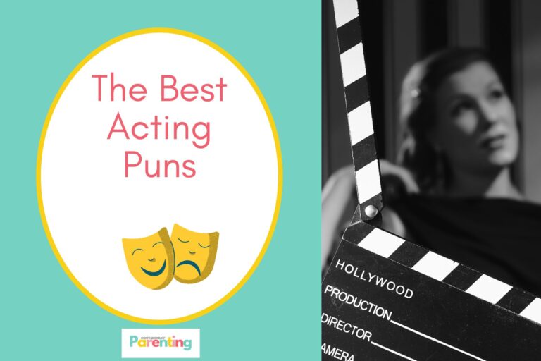 Monochromatic Film Masks on half the image in the left side with a image of a Hollywood Woman and Clapboard with teal background and red writing "the best acting puns" with a white oval with a yellow border on the right side