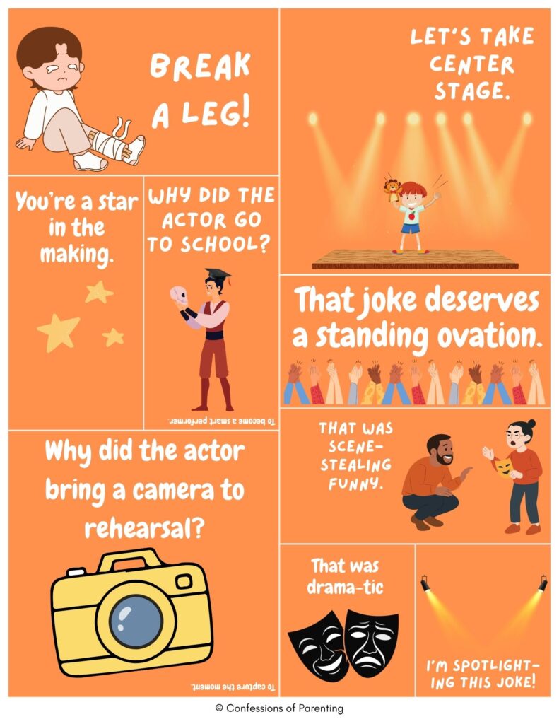 Acting puns collage with theater jokes like ‘Break a leg,’ ‘That was scene-stealing funny,’ and ‘That joke deserves a standing ovation’ with stage and actor illustrations.