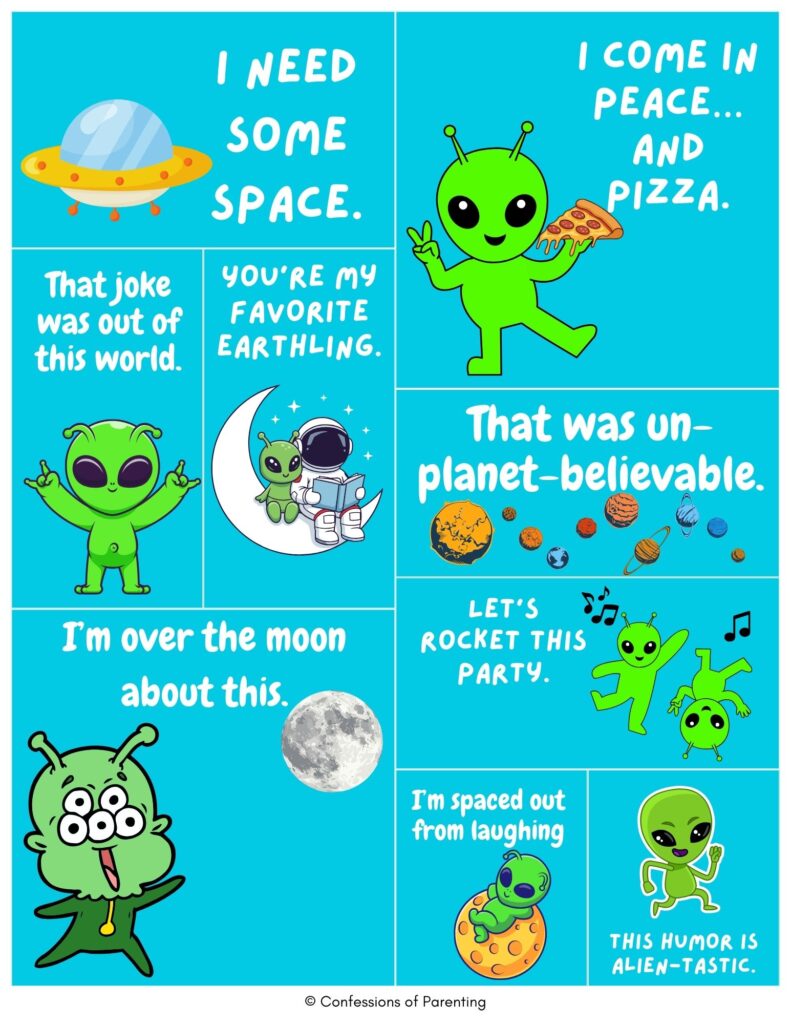Space and alien puns collage with cute green aliens and jokes like ‘I need some space,’ ‘That was un-planet-believable,’ and ‘This humor is alien-tastic.’